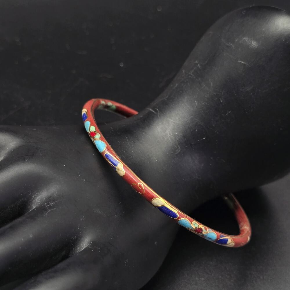 Red Enamel Cloisonne Bangle Bracelet Vintage Costume Jewelry